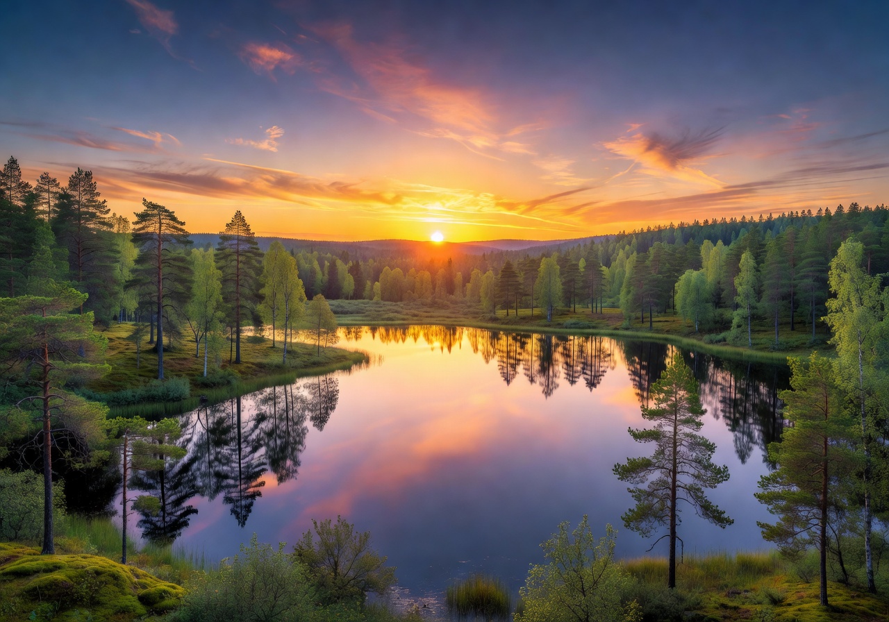 Midnight sun over Finnish landscape