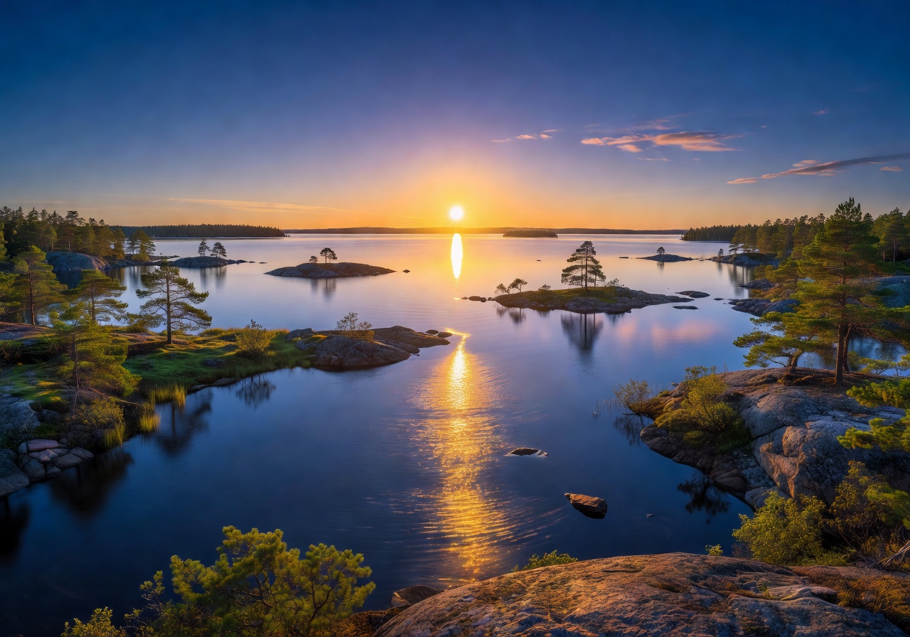 Midnight sun over Lake Saimaa