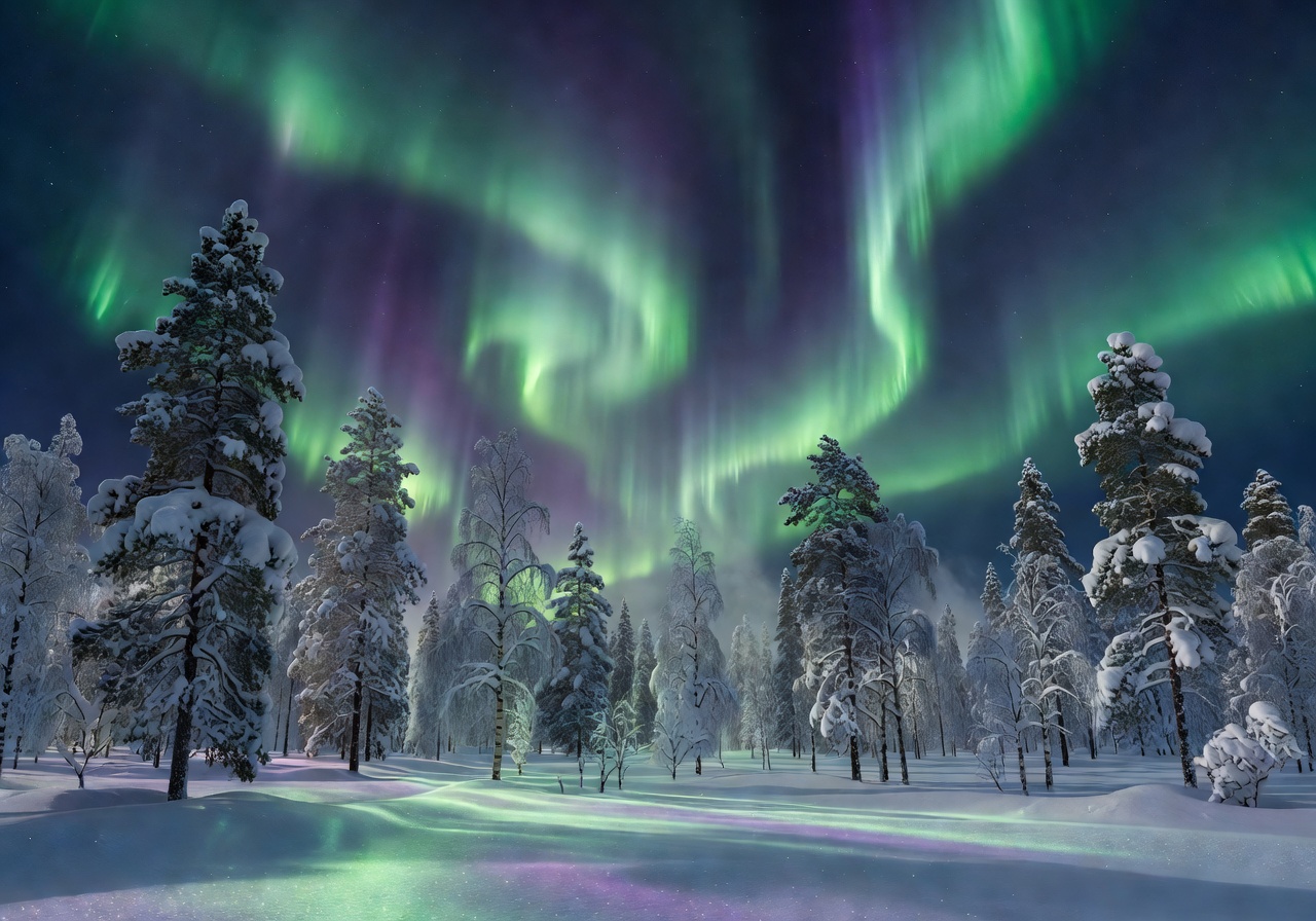 Northern Lights over snow-covered Lapland forest