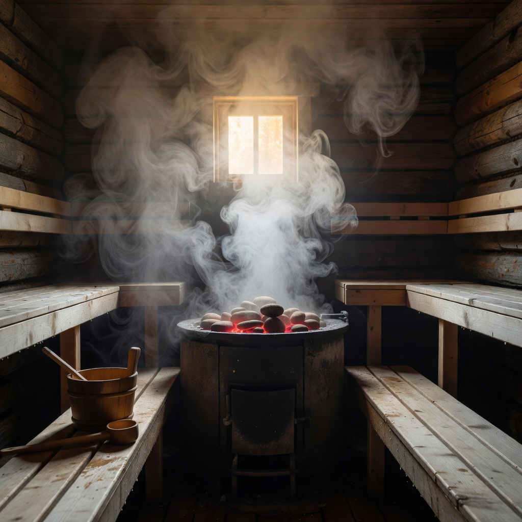 Traditional Finnish sauna interior with steam